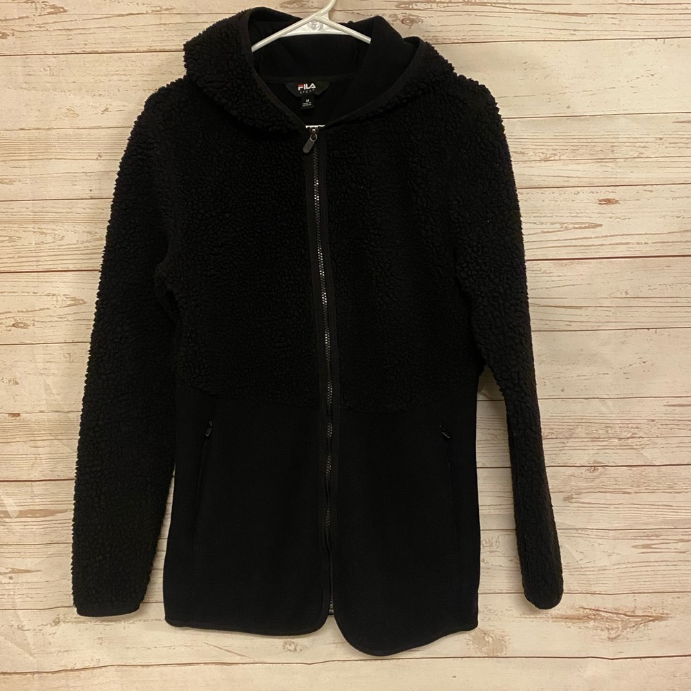 FILA Hooded Teddy Jacket, Women’s size Medium, Black
